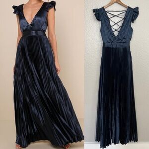 NWOT Exceptional Drama Navy Blue Satin Lace-Up Pleated Maxi Dress
